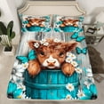 thumbnail image 2 of Feelyou Highland Cattle Kids Full Size Sheets, Groovy Daisy Flower Bed Sheets, Cyan Wooden Plank Sheet Sets, Lightweight Room Decor, 4-Piece, 2 of 7