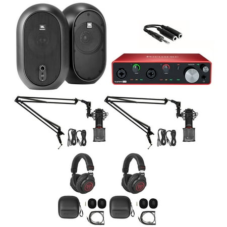 2-Person Podcast Podcasting w/4I4 Focusrite Interface+Headphones+Mics+Boom Arms