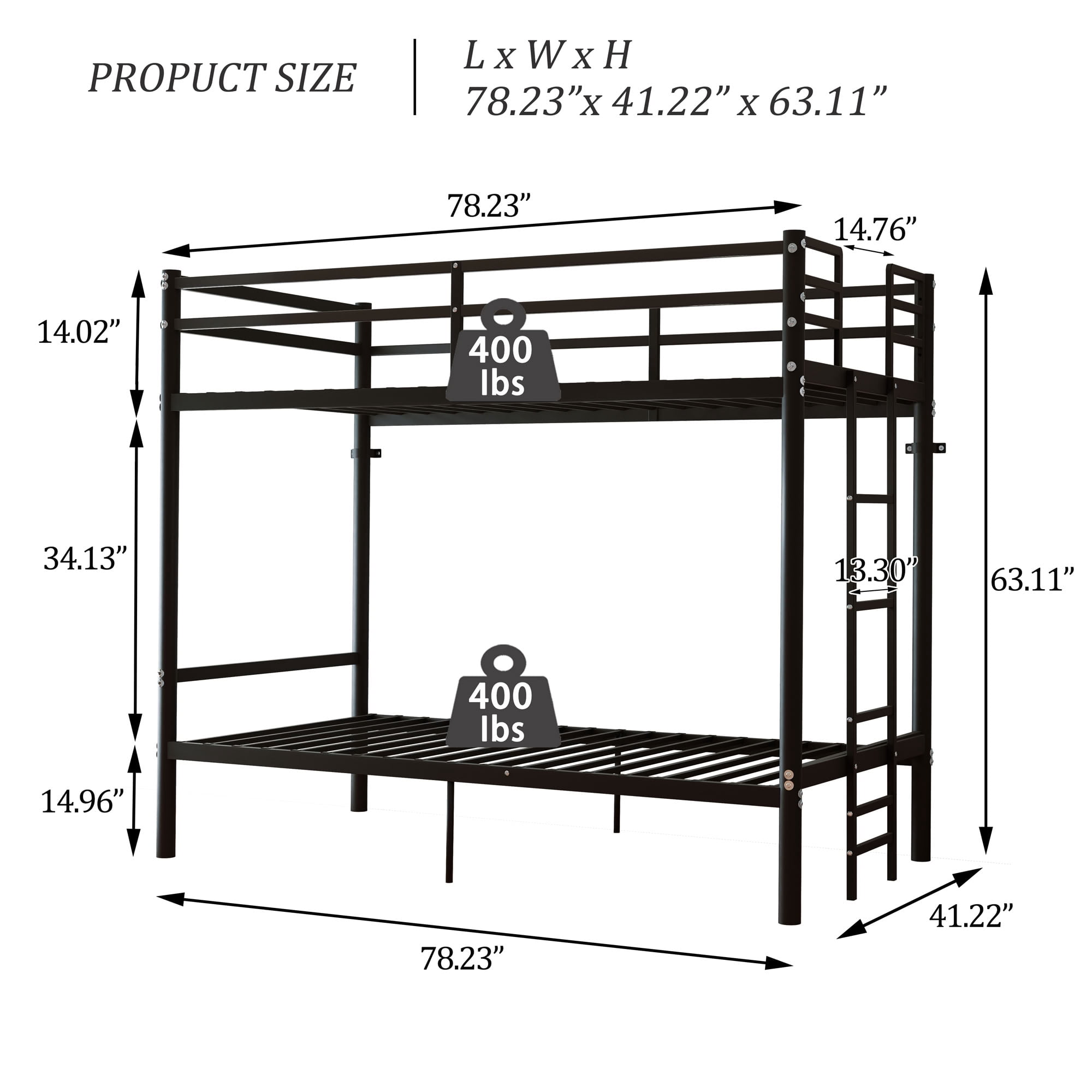 MAYEERTY Twin Over Twin Metal Bunk Bed, Heavy Duty 400 lbs Capacity Frame with Guardrail, Separable for Kids Adults Dorm, Black