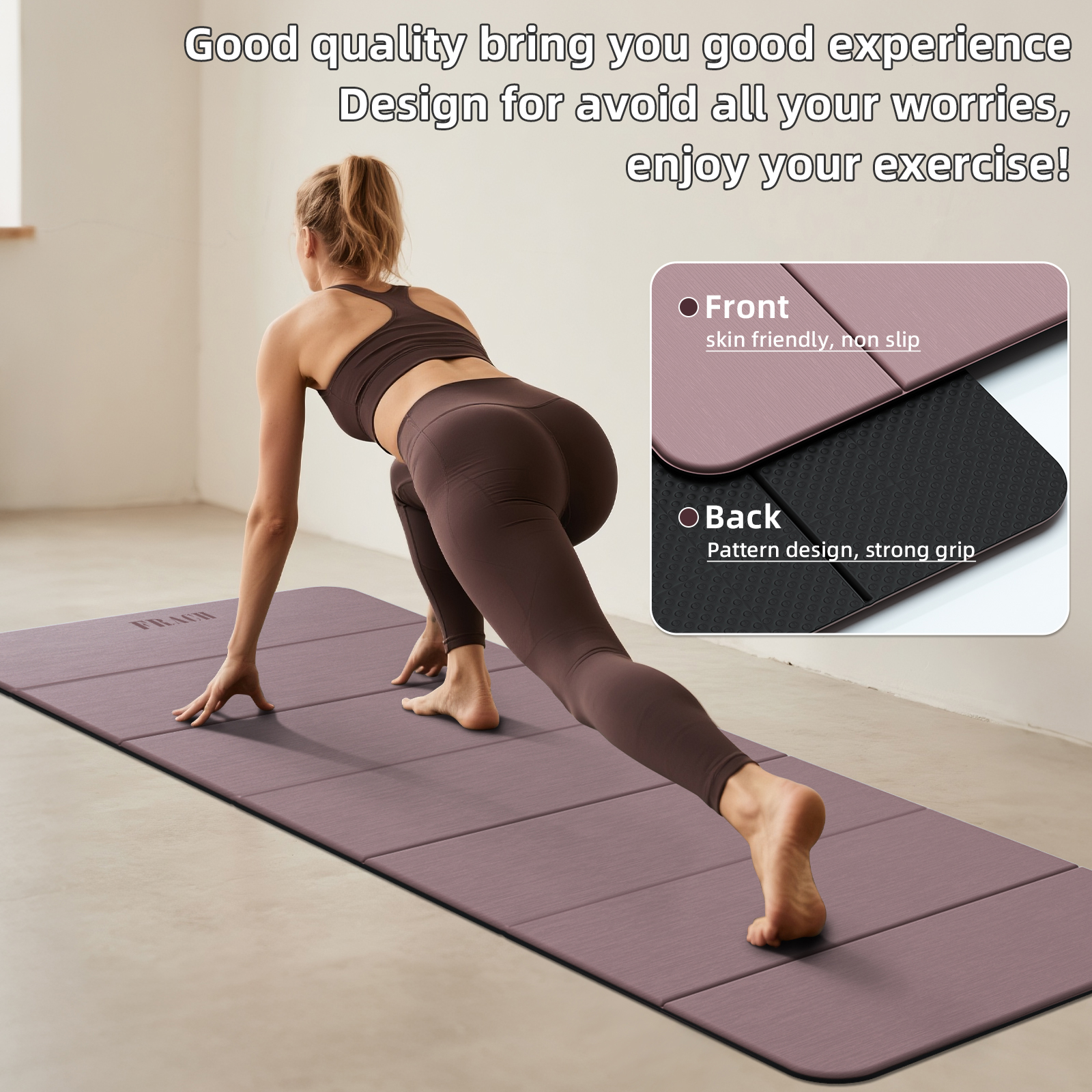 Frach Foldable Yoga Mat Lightweight 0.3" Thick Multi-Functional & Portable Grip Odorless TPE for Pilates & Gym (Dark Pink+Black)