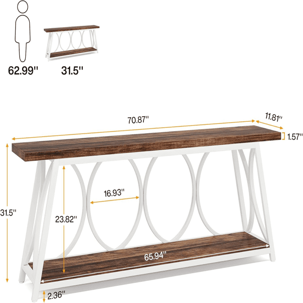 70.9" Vintage Rustic Console Table - Wood & Black Metal, 1.57" Particle Board with Bottom Shelf, 230lb Capacity for Living Room, Entryway, Behind Couch, Hallway