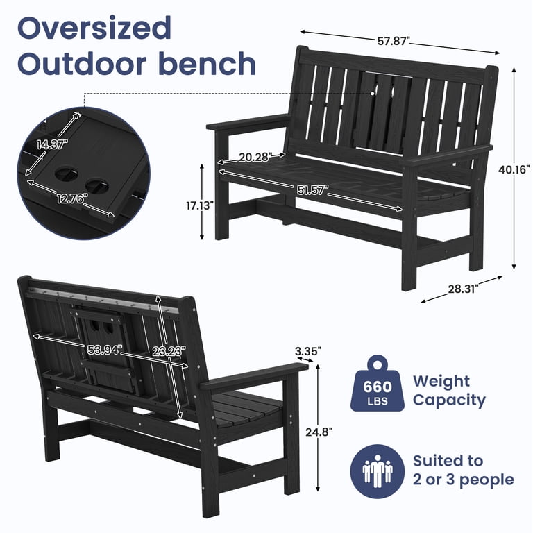 SERWALL Outdoor Bench with Cup Holder, 58", HDPE, Black photo 4