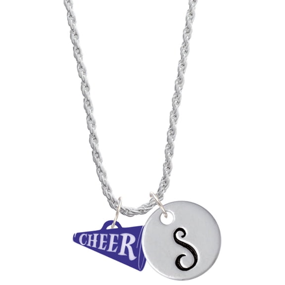 Delight Jewelry Acrylic 3/4" Navy Cheer Megaphone Silvertone Script Initial Disc - S - Charm Necklace, 20" 3"