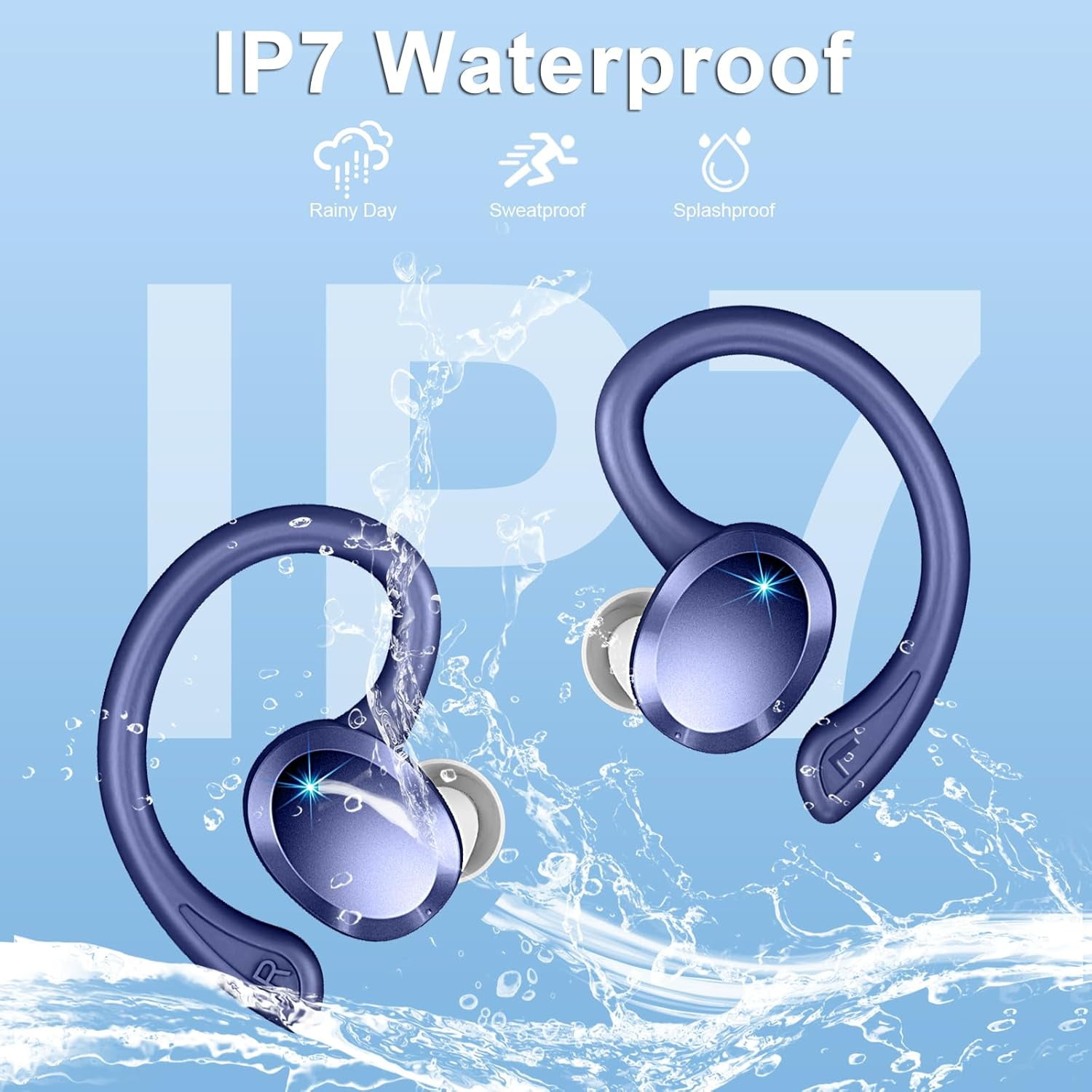 Wireless Earbuds Hi-Fi Bass Stereo 56H Noise Cancelling IPX7 Waterproof Sport Earphones with Earhook-Royal Blue
