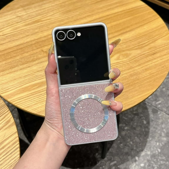 Magnetic For Samsung Galaxy Z Flip 7 Phone Case,Luxury Cute Bling Glitter Wavy Pattern Back,Compatible with Mag-safe,Ultra Slim Shockproof Silver Bumper Anti-Scratch Rugged Phone Case,Pink