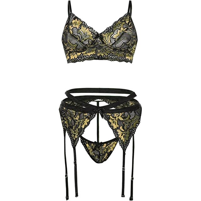 2023 - Brasier sexy de encaje bordado para mujer, lencería sexy con liga + tanga, conjunto de ropa interior, bragas con abertura para mujer Amarillo M Amarillo M Xishao ropa