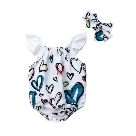 

Inevnen Newborn Baby Girls Romper Print Flare Sleeve Jumpsuit Playsuit Bowknot Headband