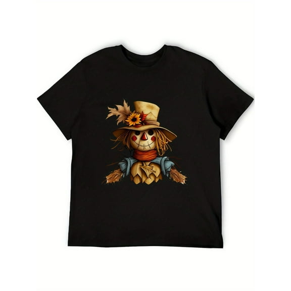 Halloween Scarecrow Pumpkin Graphic Tee Womens Design Witch Hat Spooky Fashion Casual T-Shirt Black S-5XL