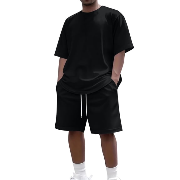 CharmCyan Men's Summer Casual 2-Piece Outfit Round Men's Neck Short Sleeve Tee Shorts Set Black L