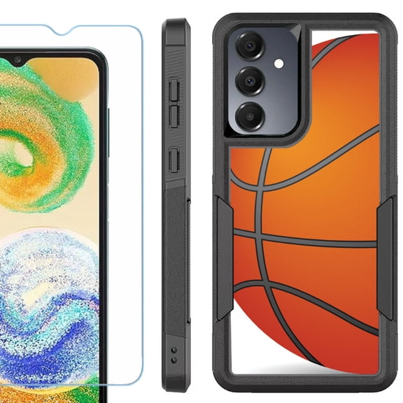 Heavy Duty Dual Layer Hybrid Phone Case for Samsung Galaxy S24 FE 5G with Tempered Glass Screen Protector, by OneToughShield - Basketball