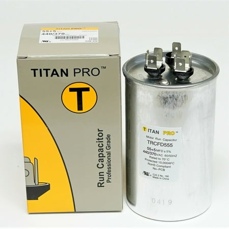 

TitanPro 55\/5-440R TitanPro TRCFD555 HVAC Round Dual Motor Run Capacitor. 55/5 MFD/UF 440/370 Volts