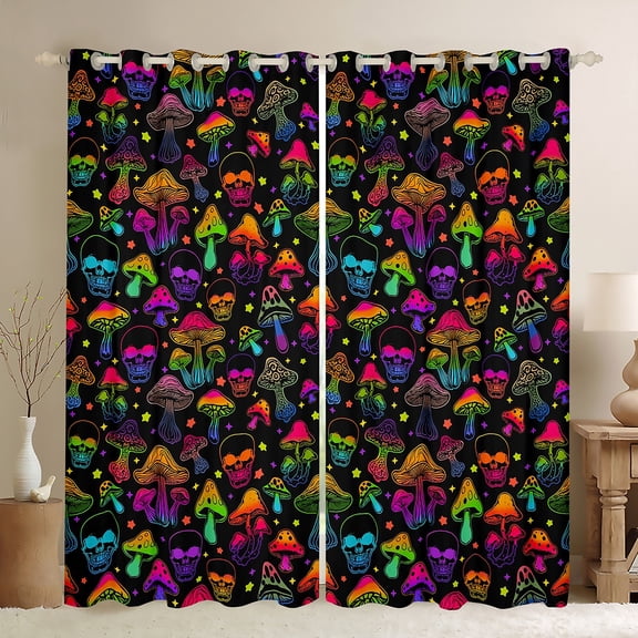 Homewish Abstract Gradient Skull Black Out Curtains for Boys Girls,Gothic Style Curtains Pack of 2 (42x63 Each),Colorful Botanical Mushroom Bedroom Curtains,Super Cozy Room Decor