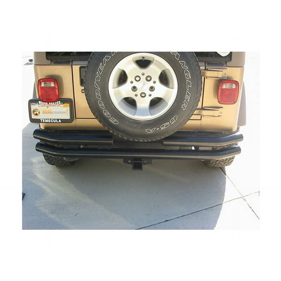 Rampage by RealTruck Rear Double Tube Bumper for Jeep Wrangler/CJ | Reciever Hitch, Steel, Black | 7648 | Compatible with 1976 - 2006 Jeep CJ, Wrangler YJ & TJ