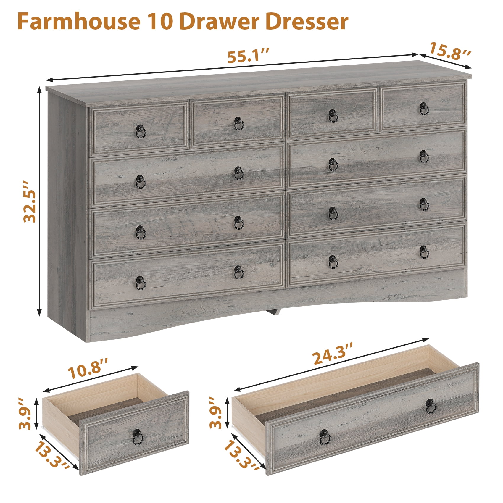 Frmobepts 10 Drawer Dresser for Bedroom, Dresser TV Stand, Chest of Drawers for Storage and Organization, Gray