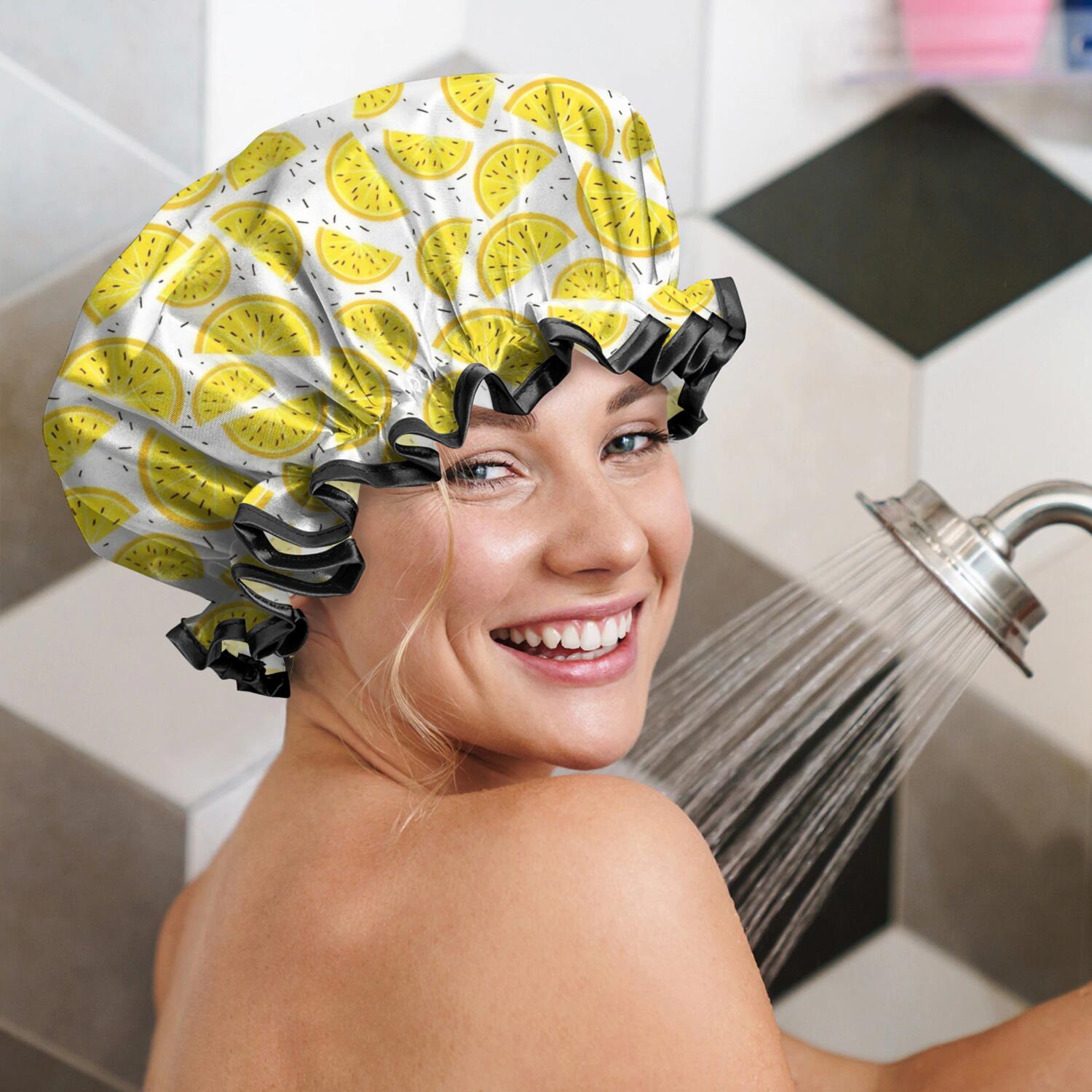 Shower Caps,Yellow Lemon Fruit Slices White Pattern Waterproof Shower Cap for Women 4 Pieces,Double Reusable Hair Cover for Shower PEVA Elastic Stretch Hem