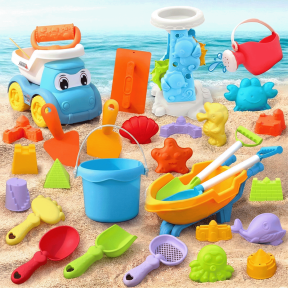 Beach Toys, 30 PCS Sand Toys Set, Kids Sandbox Toys Include Truck, Beach Bucket, Hourglass, Handcart, Watering Can, Shovels Set, Sand Molds & Mesh Bag, Travel Beach Toys for Toddlers 3-10