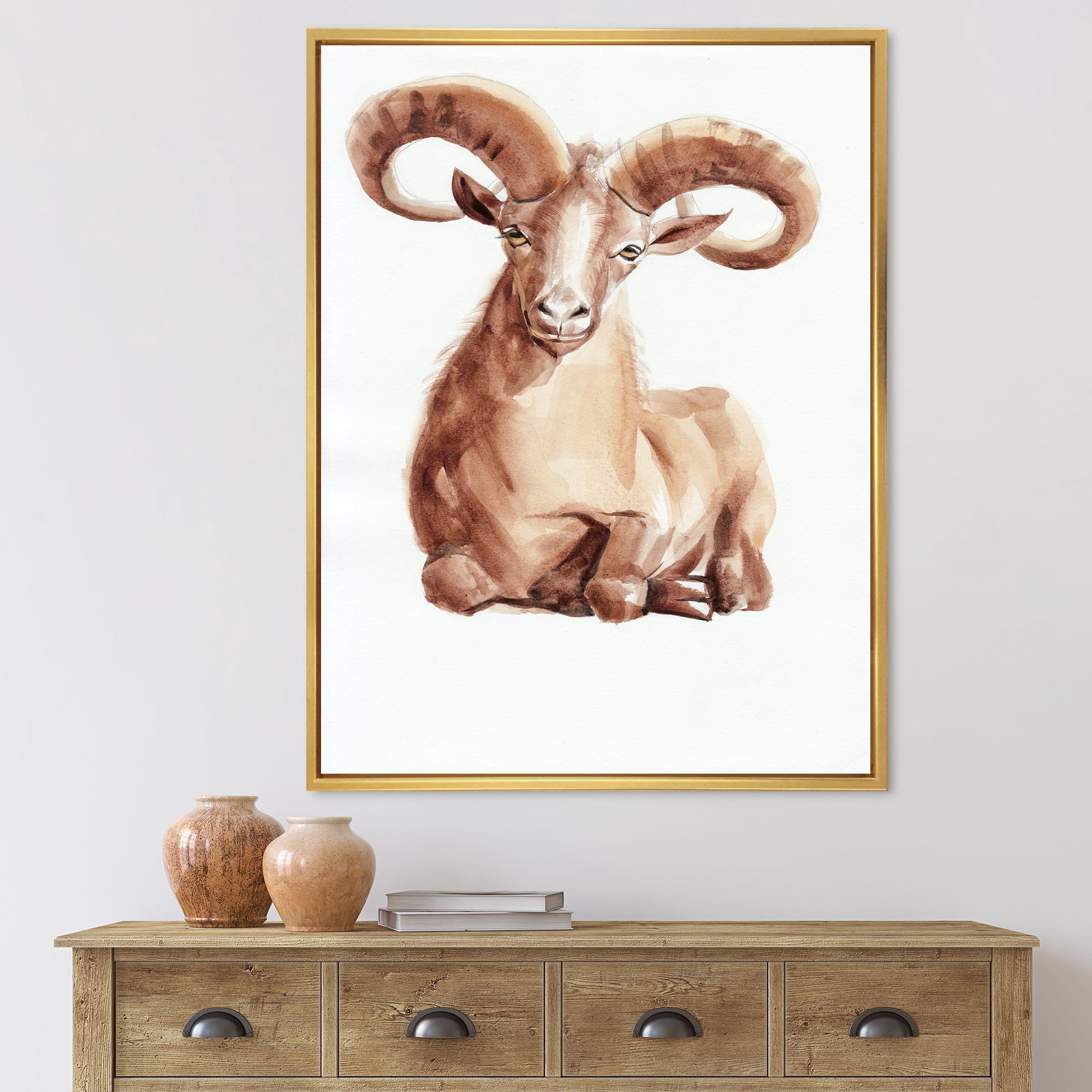 Designart 'Abstract Portrait of Wild Ram With Mighty Horns II' Farmhouse Framed Canvas Wall Art Print