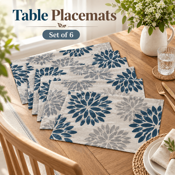 OZERA Set of 6 Floral PVC Placemats, Heat‑Resistant Washable Non‑Slip Vinyl Place Mats for Kitchen Dining Party Decor, Blue Grey