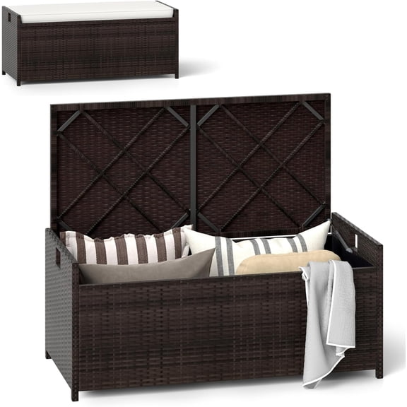 Gymax Banc de Rangement Extérieur de 34 Gallons pour Patio en Osier, Coffre de Terrasse avec Coussin Blanc Cassé