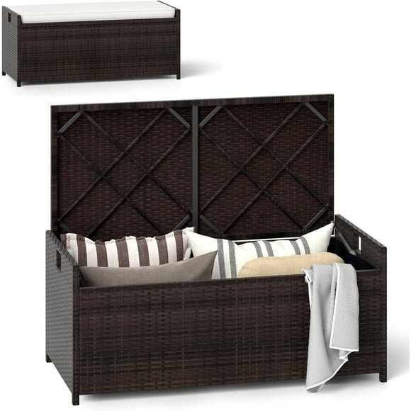 Gymax 34 Gallon Outdoor Storage Bench Patio Wicker Deck Box w/ Off White Cushion