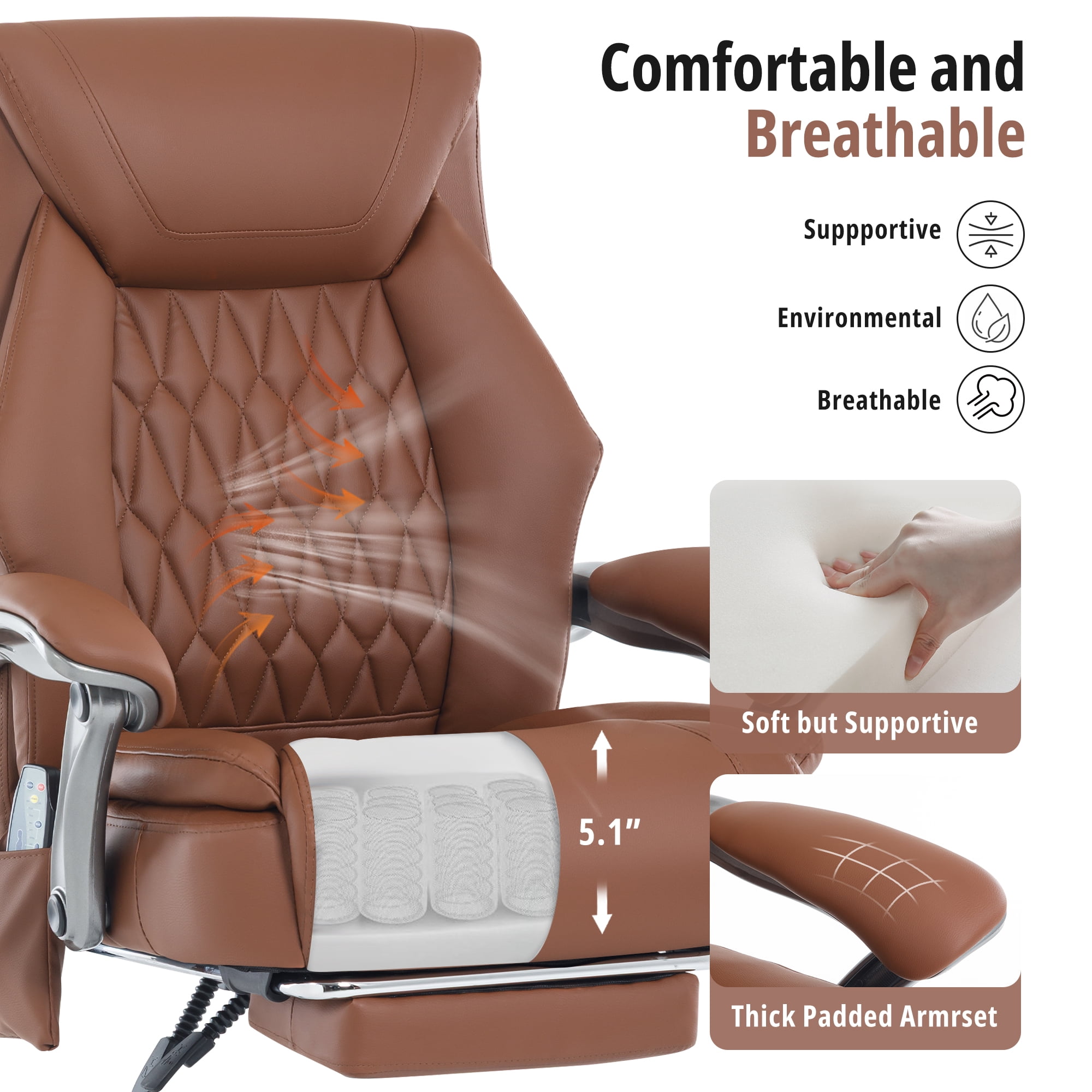 Heated Massage Office Chair with 6 Points Vibration, Reclining Ergonomic Desk Chair with Footrest for Extra Comfort, PU Leather High Back Executive Computer Chair, Thick Padded Massage Chair