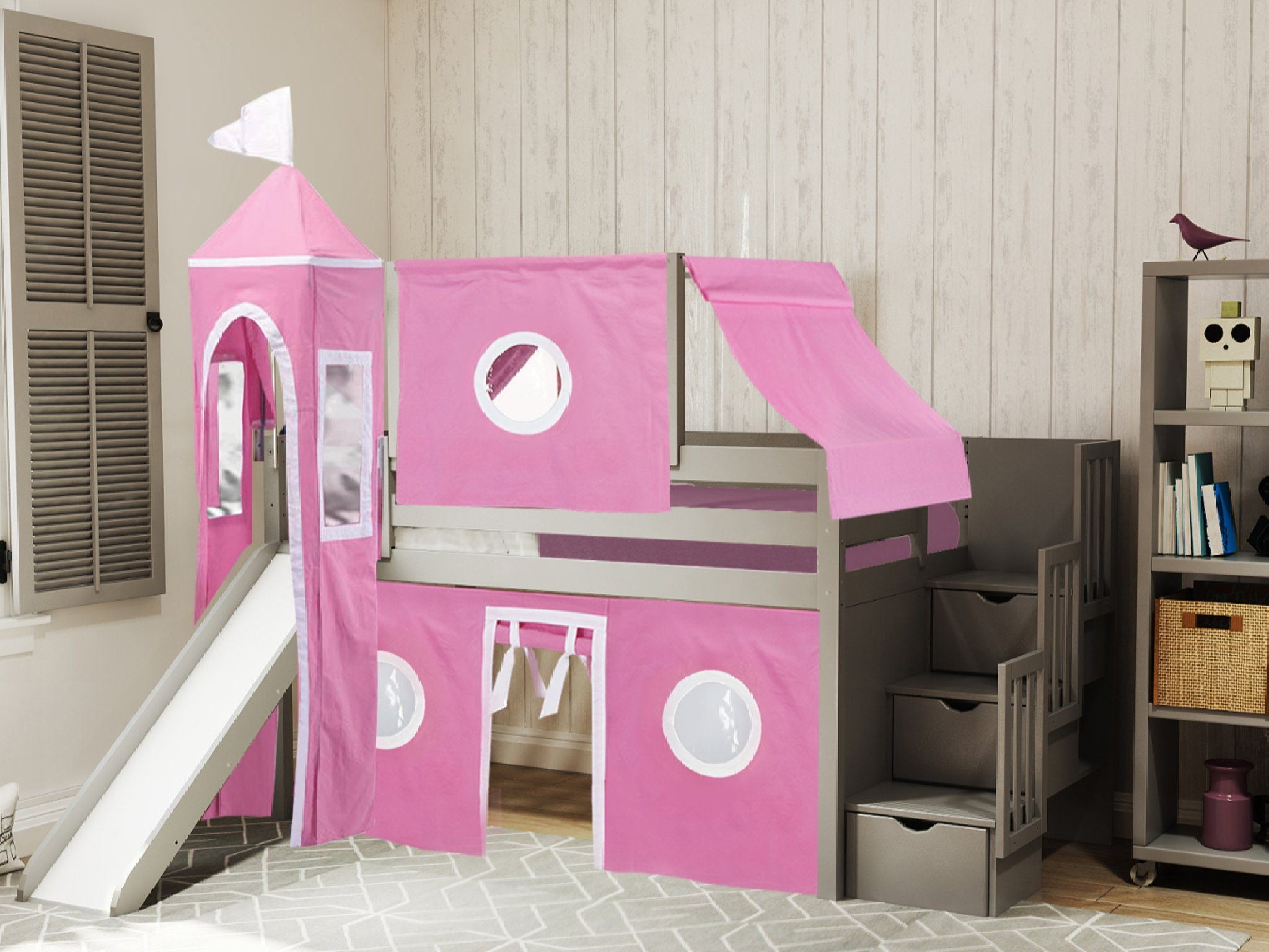 pink loft bed with desk