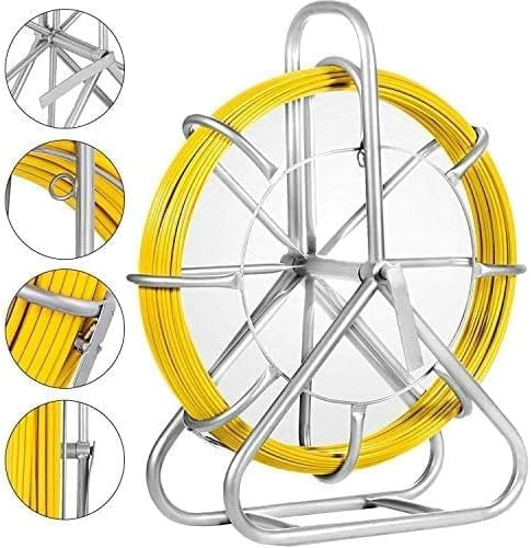 Fish Tape Fiberglass 6MM 656FT,Duct Rodder Fish Tape Puller Fiberglass Wire Cable Running with Cage and Wheel Stand,Durable Steel Reel Stand,Fish Tape Min Bending Radius 13 inch/330 mm (6mm 656Ft)