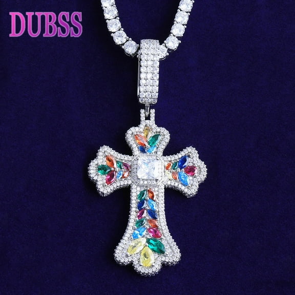 DUBSS Iced Out Colorful Cubic Zirconia Cross Necklace Pendant for Men Real Gold Plated 5A Grade Hip Hop Jewelry