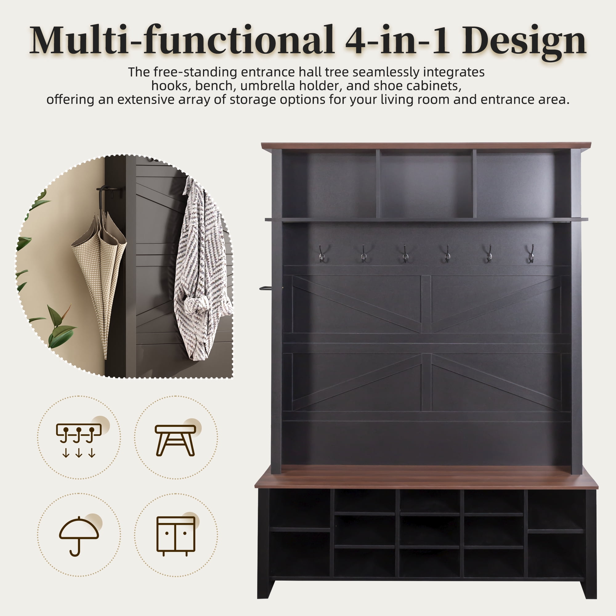 Euroco Farmhouse Hall Tree with 6 Hooks,Adjustable Shelves and 16 Open Compartments