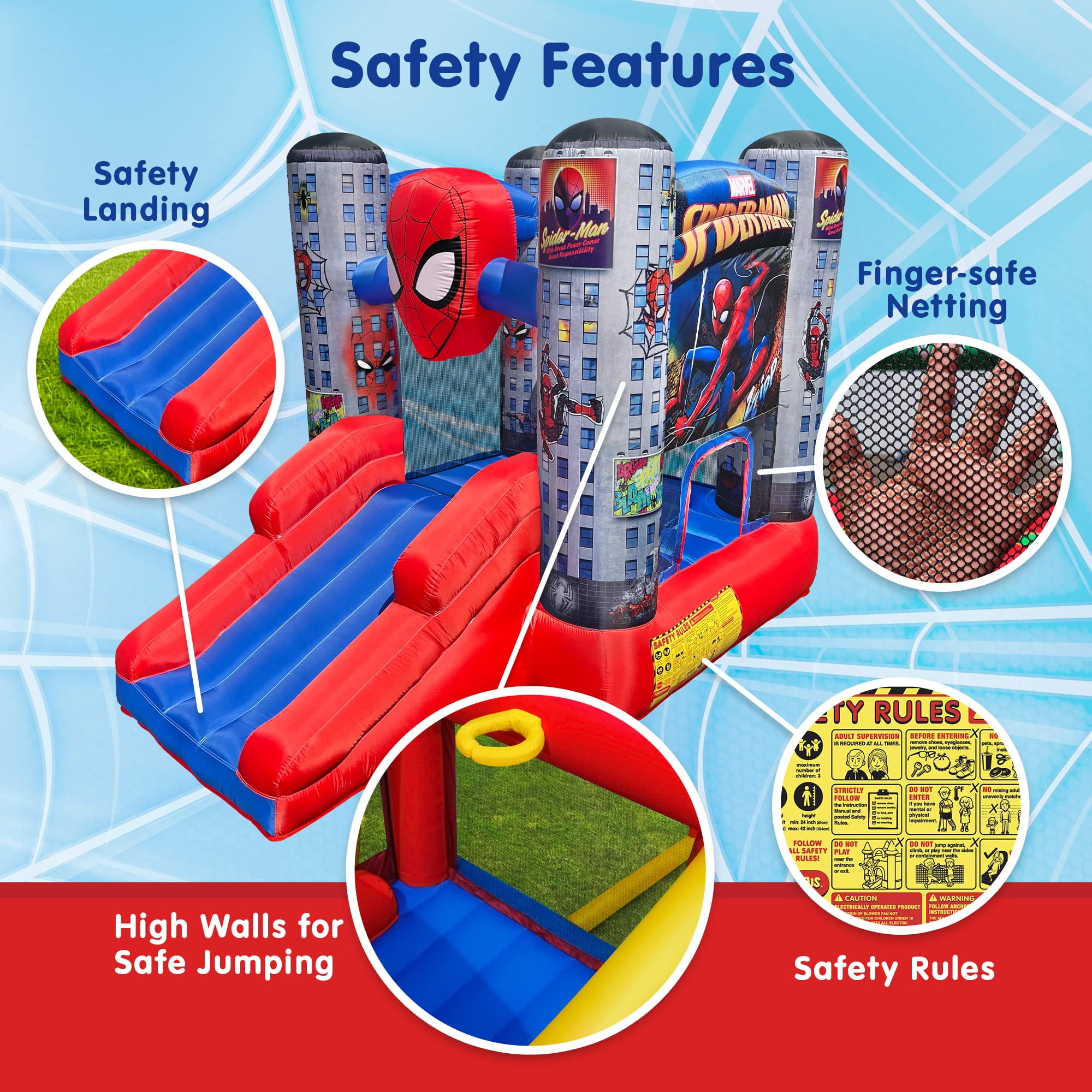 Château gonflable d'extérieur Funormous Disney Spider-Man avec toboggan et soufflerie robuste avec disjoncteur différentiel pour enfants de 3 à 8 ans