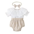 thumbnail image 1 of Felwors Infant Girls Short Sleeve Plaid Prints Lace Romper Bodysuits With Headbands Outfits, 1 of 9