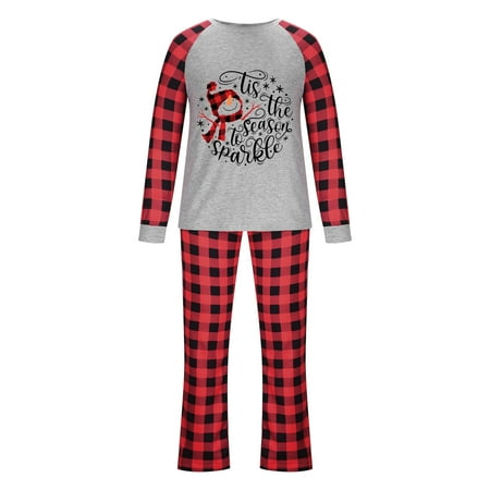

XIAOFFENN Parent-child Attire Christmas Suits Patchwork Plaid Printed Homewear Round Neck Long Sleeve Pajamas Two-piece Dad Sets