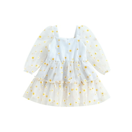 

Wassery Infant Toddler Baby Girl Princess Dress 3M-3T Long Sleeve Daisy Layered Tulle Tutu Mesh Fluffy Dress