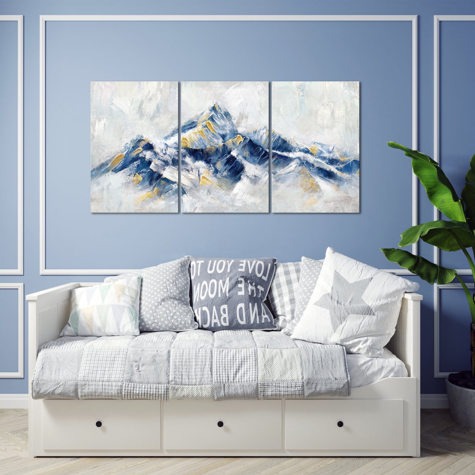 Visual Art Decor Blue Decor Large Abstract Framed Canvas Wall Art 3 Piece Mountain Landscape Bedroom Living Room Home Decorations Paintings Pictures Prints Modern Artwork 16"x 24"x 3 Pcs