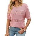 thumbnail image 2 of Womens Short Sleeve Sweaters Summer Round Neck Pullover Sweater Crochet Tops Pink S, 2 of 9