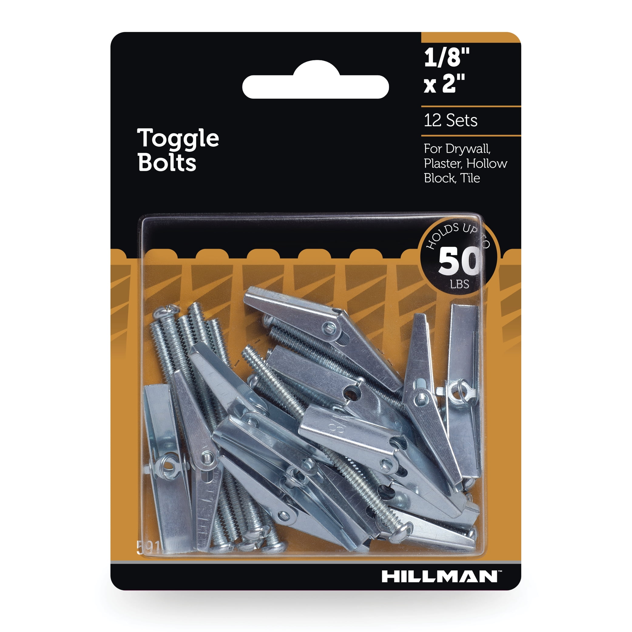Hillman Toggle Bolts, 1/8" x 2", Zinc Plated, Steel, 50 lbs, 12 Sets