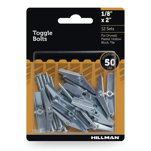 Hillman Toggle Bolts, 1/8" x 2", Steel, Multi-Material, 50 lbs, Zinc, Silver, 12 pack