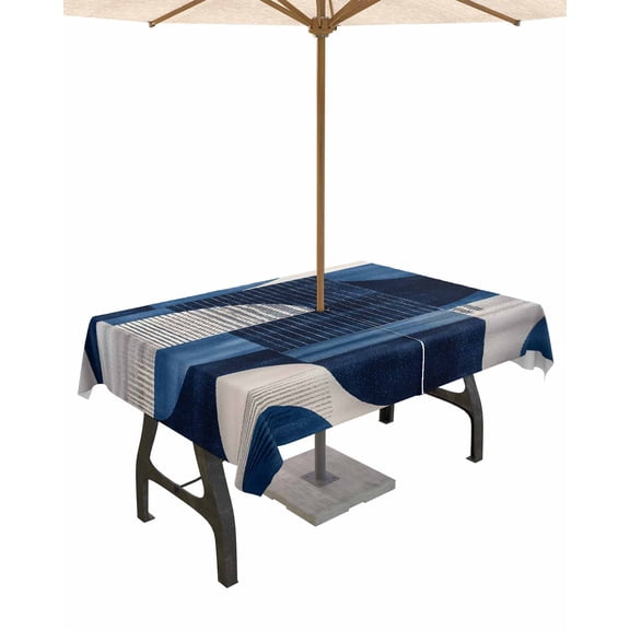 nqOlkjepod Vintage Blue Geometric Outdoor Tablecloth with Umbrella Hole & Zipper, White Black Blue Abstract Rectangle Table Cover 54x80 Inch, Dining Waterproof Table Cloth Protector for Patio/Party