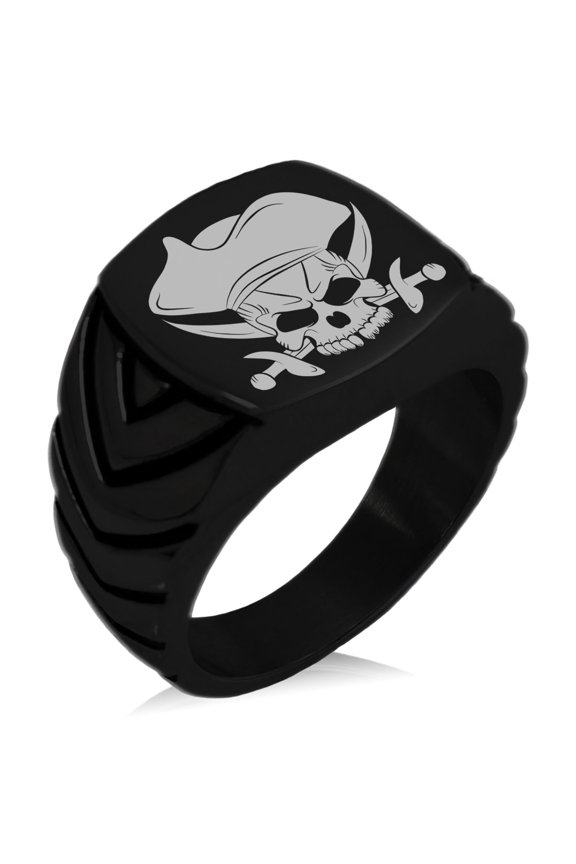 Stainless Steel Pirate Skull & Cross Swords Chevron Pattern Biker Style Polished Ring