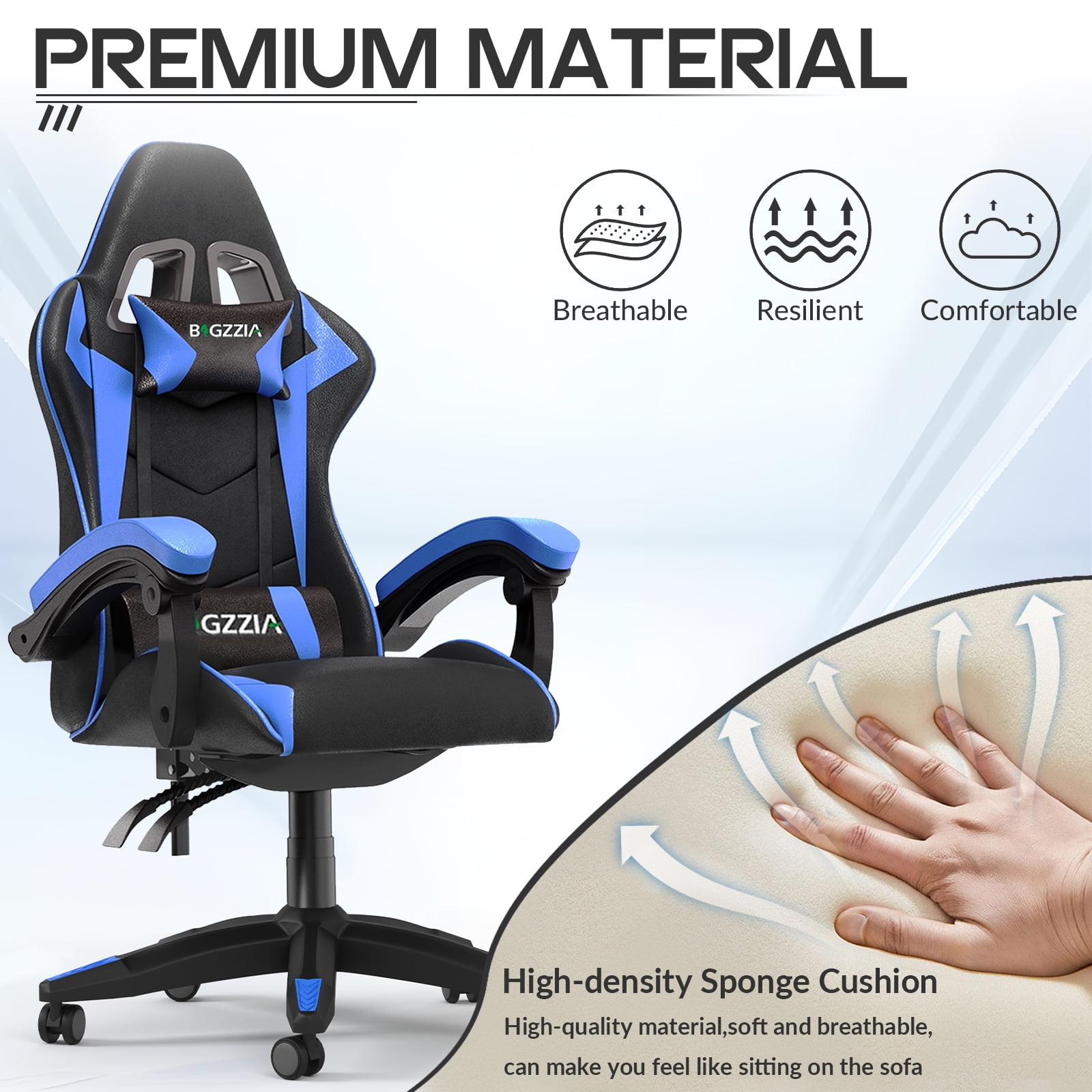 Bigzzia High-Back Gaming Chair PC Office Chair Computer Racing Chair PU Desk Task Chair Ergonomic Executive Swivel Rolling Chair with Lumbar Support for Back Pain Women, Men (Blue)