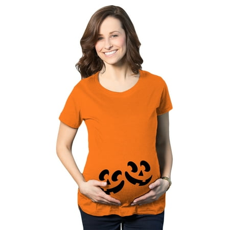 

Maternity Twin Pumpkin Faces Tshirt Cute Halloween Jack-O-Lantern Pregnancy Tee (Orange) - 3XL