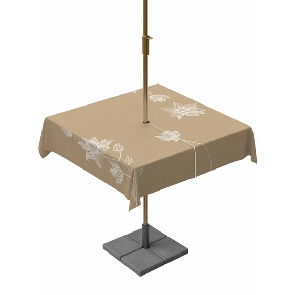 Outdoor Tablecloth with Umbrella Hole and Zipper, Beige White Floral Waterproof Patio Tablecloth for Dining 54''x54'', Abstract Art Summer Botanical Wipeable Table Cover for Picnic BBQ Party Patio