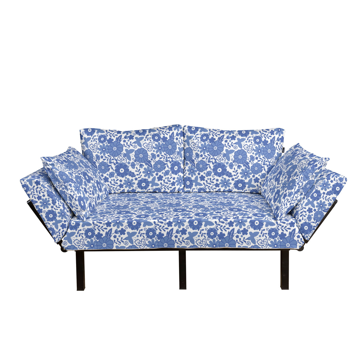 Violet Blue and White Ambesonne Dutch Futon Couch Daybed with Metal Frame Upholstered Sofa for Living Dorm Delft Style Flowers in Doodle Style Abstract Petals Leaves Butterflies Loveseat