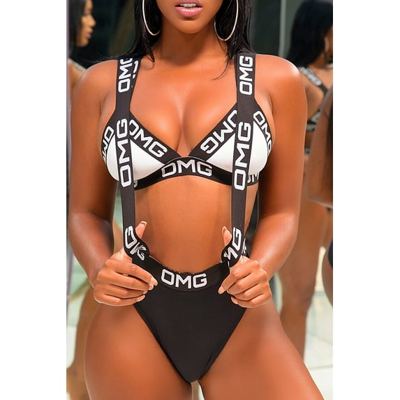 Lovelywholesale Letter Print Overall Bikini Set