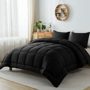 Queen Size 3-Piece All-Season Down Alternative Comforter Set Deep Black (Comforter and Pillowcase Bedding Set / bed in a bag) for Adults and Teens by KINMEROOM