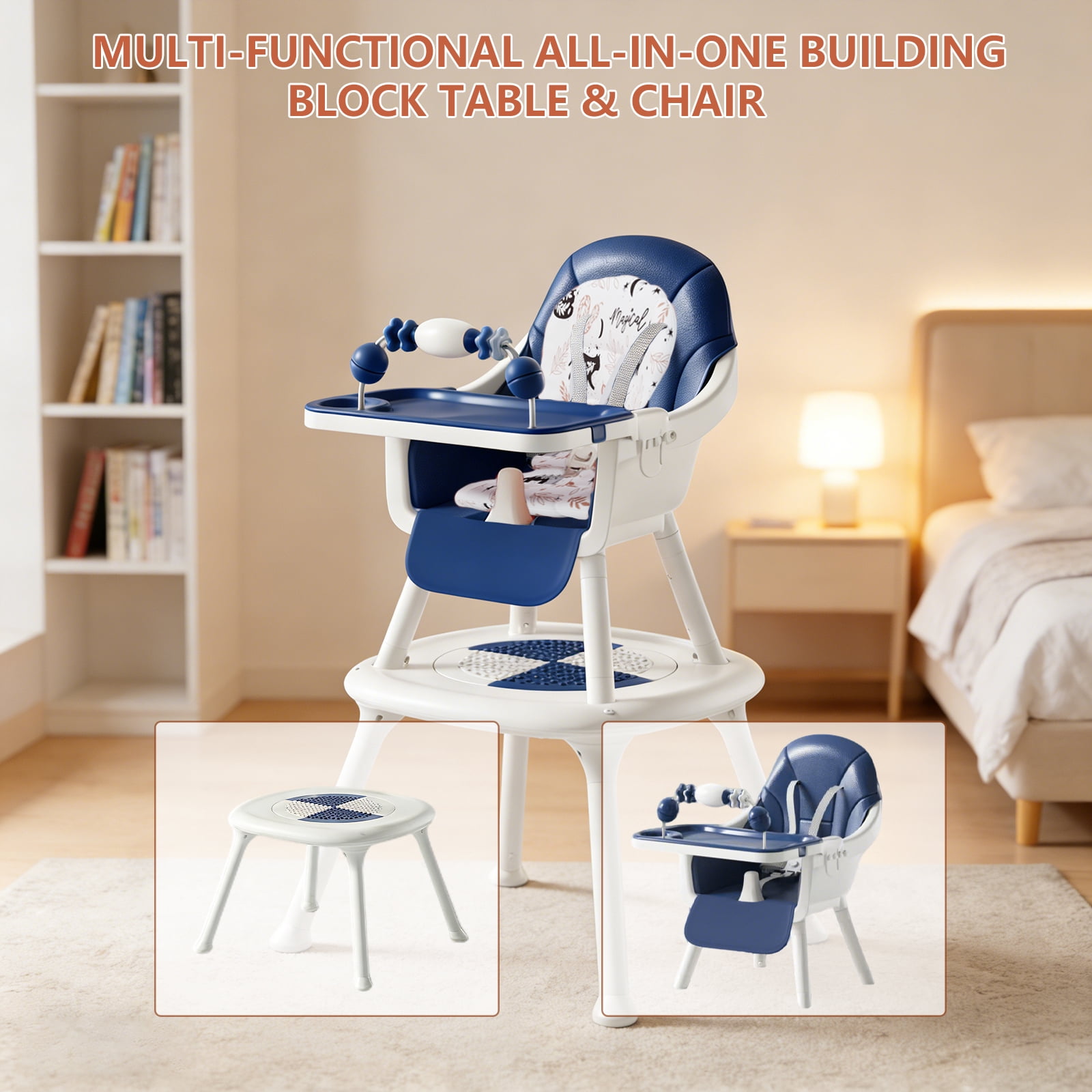 Convertible 4-in-1 Baby High Chair with Block Table, Infant to Toddler Feeding Chair with Play Tray & Built-in Toys, Removable PU Cushion, Easy to Clean Dining & Activity Chair–Blue