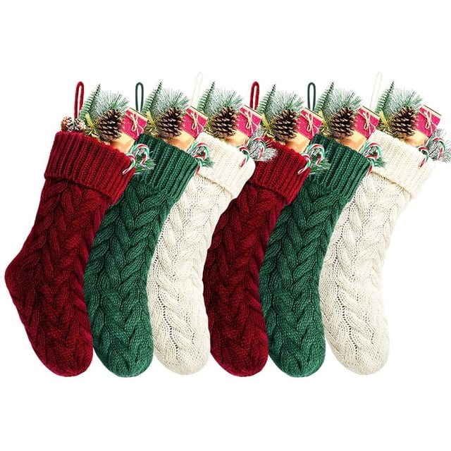 18 Inches Burgundy, Ivory, Green Knitted Christmas Stockings,6 Pack