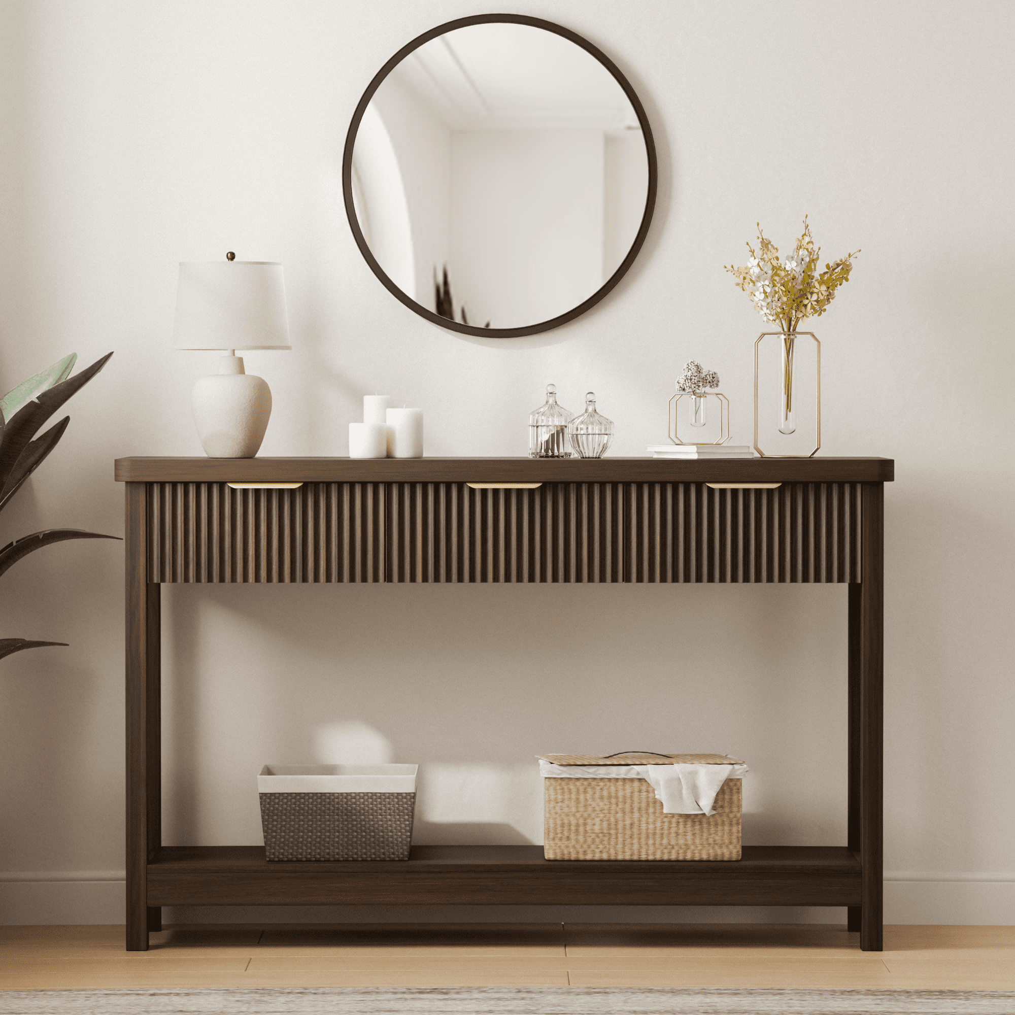 Laintene Fluted Console Table, 51" Narrow Entryway Table with 3 Drawers, Entry Sofa Table Behind Couch with Open Storage Shelf, Modern Display Shelf for Living Room Hallway, Walnut