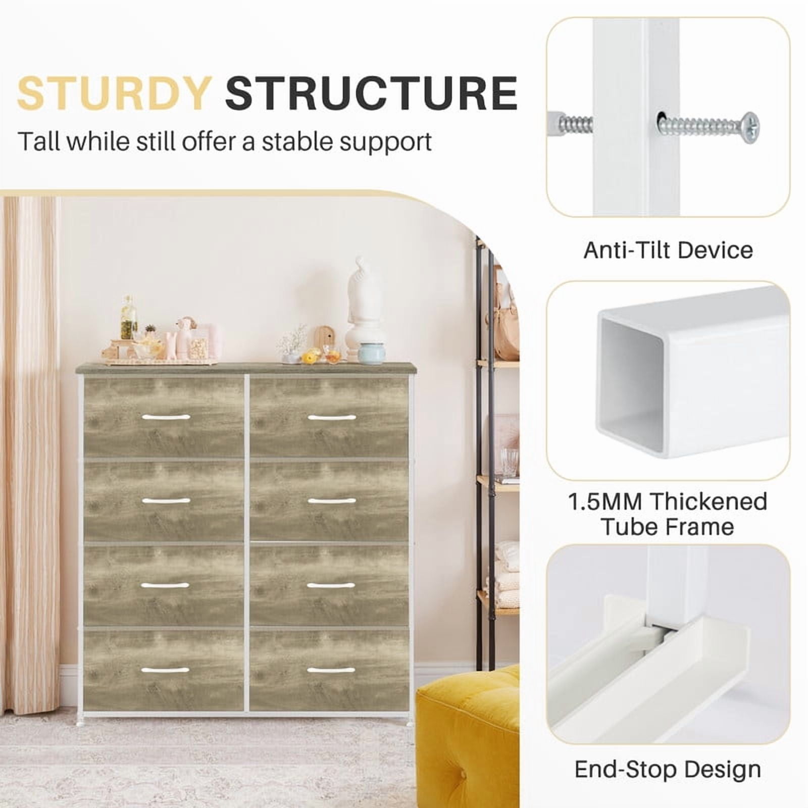 Simenmax 8 Drawer Dresser for Bedroom Fabric Dresser Chest of Closets Storage Units Organizer Tower Wooden Top Shelf for Bedroom, Hallway, Entryway, Closet,Oak Greige