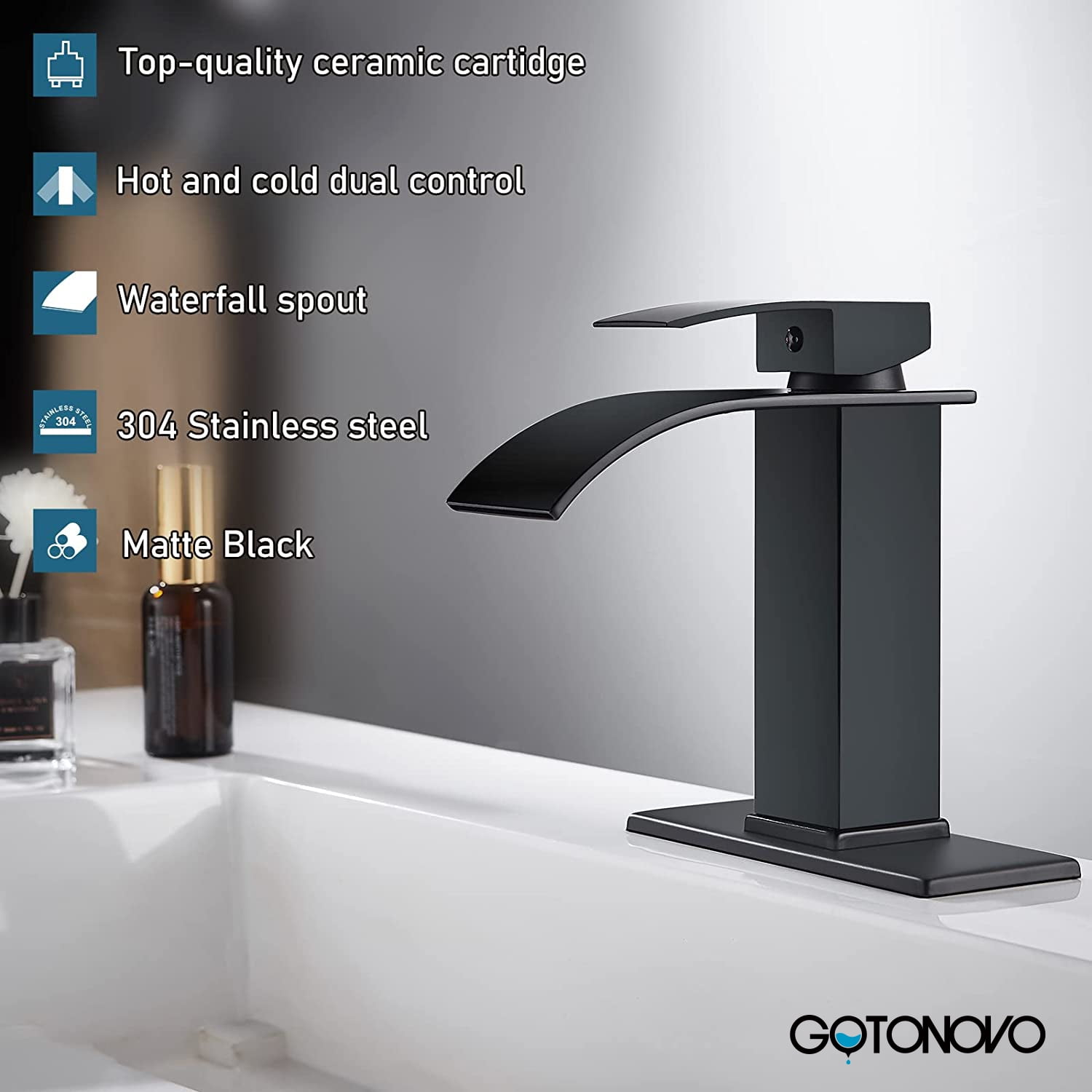 gotonovo Matte Black Bathroom Sink Faucet Waterfall Spout Single Handle 1 Hole Deck Mount Mixer Tap Lavatory Vanity Sink Faucet Commercial with Deck Plate and Pop Up Drain